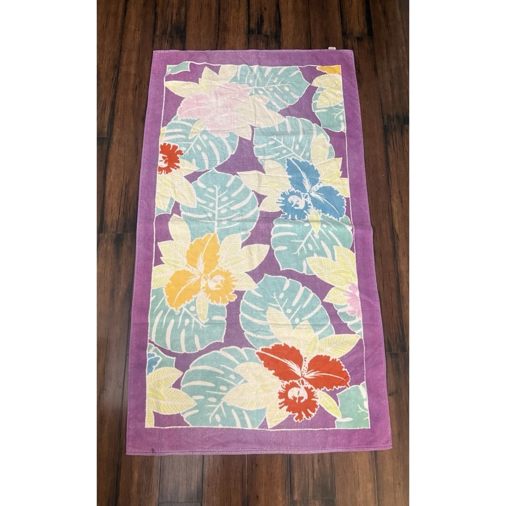 VTG 70s Hawaiian Floral Beach Bath Towel MCM Boho Bright Vibrant Purple Cannon